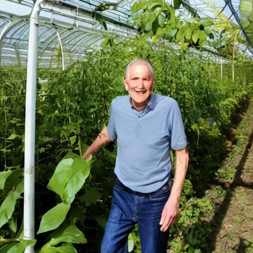 Image similar to older, tall, male falling from a greenhouse with a bulging knee