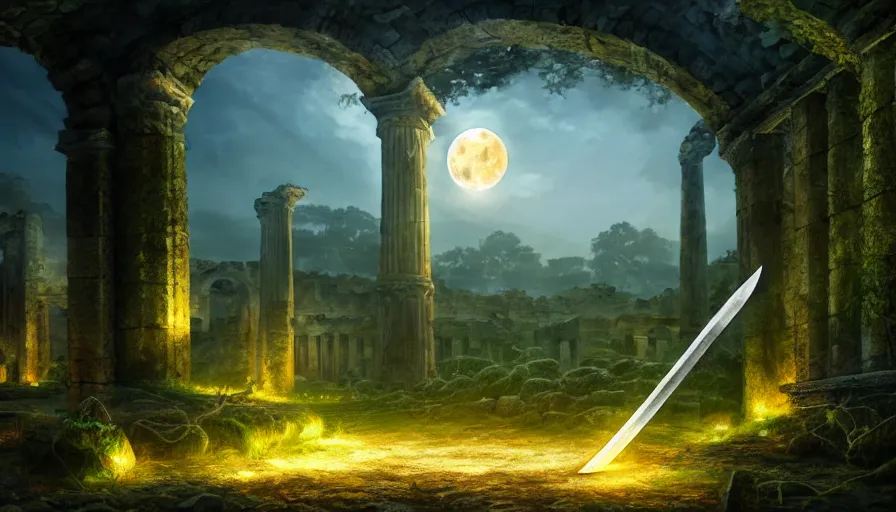 Image similar to a glowing gigantic sword in the floor in ancient ruins, vines, forest, hyperrealistic, highly detailed, cinematic, single ray of moon, beautiful, cgssociety, artstation, 8 k, oil painting