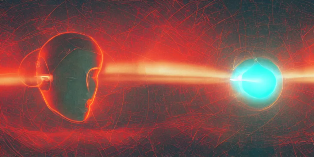 Prompt: vintage science fiction illustration, depicting artificial intelligence, azure color bleed, warm red tones, film grain, lensflare