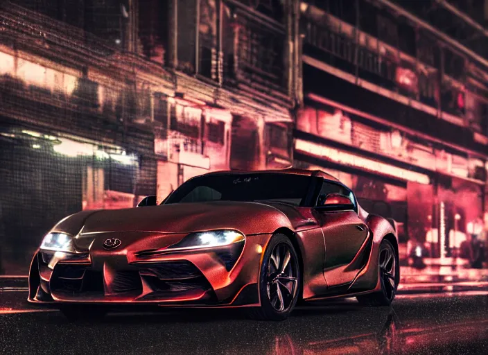 Image similar to symmetry!! close up macro shot of a toyota supra car on wet tokyo street at night, intricate, hyper detailed, smooth, high contrast, neon, volumetric lighting, octane, moebius, greg rutkowski, blade runner, ripley scott, cindmatic