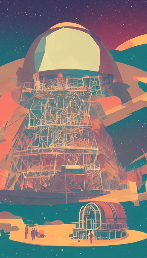 Image similar to epic magical observatory, large telescope, sharp focus, james gilleard, print, risograph, cinematic, game art