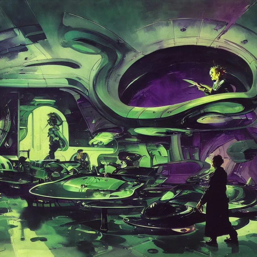 Prompt: a futuristic organic lounge with deep green and purple hues. billowing clouds. highly detailed science fiction painting by norman rockwell, frank frazetta, and syd mead. rich colors, high contrast, gloomy atmosphere, dark background. trending on artstation.