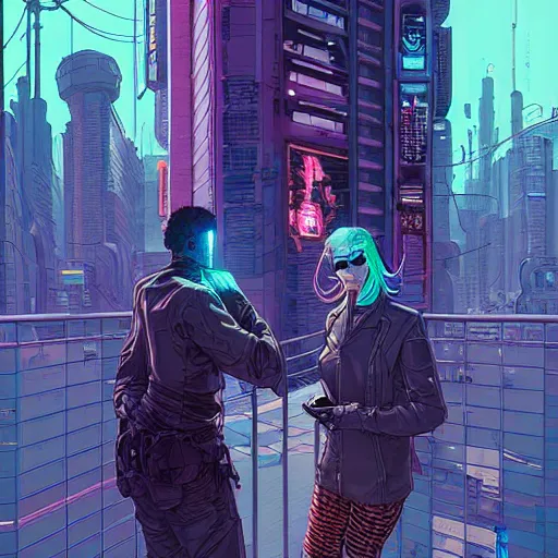 Prompt: A cyberpunk couple has an intimacy on the street of a cyberpunk city art by Josan Gonzalez, sci-fi, highly detailed, digital painting, artstation, smooth, sharp focus, illustration, concept art by Josan Gonzalez and James Gurney and Mœbius