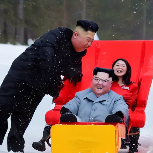 Prompt: kim jong - un sledding down a hill made out of poutine, shredded cheese falling from the sky,