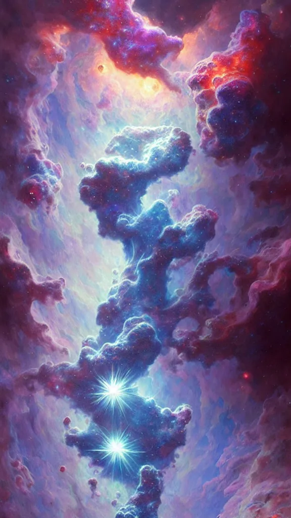 Image similar to psychedelic transcendent puffs! of smoke, space, supernova, nebulae, pillars of creation, high contrast lighting, highly detailed, concept art, art by collier, albert aublet, krenz cushart, artem demura, alphonse mucha