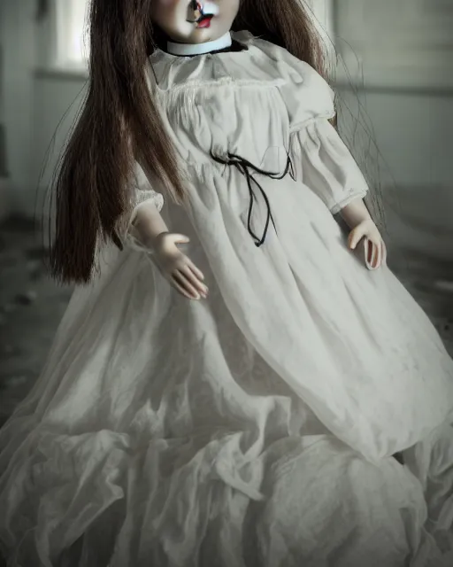 Image similar to portrait of a creepy little girl porcelain doll wearing a dirty white dress with long wet black hair standing in a filthy room in an abandoned old asylum, photo by mario testino, 8k octane render, cinematic,