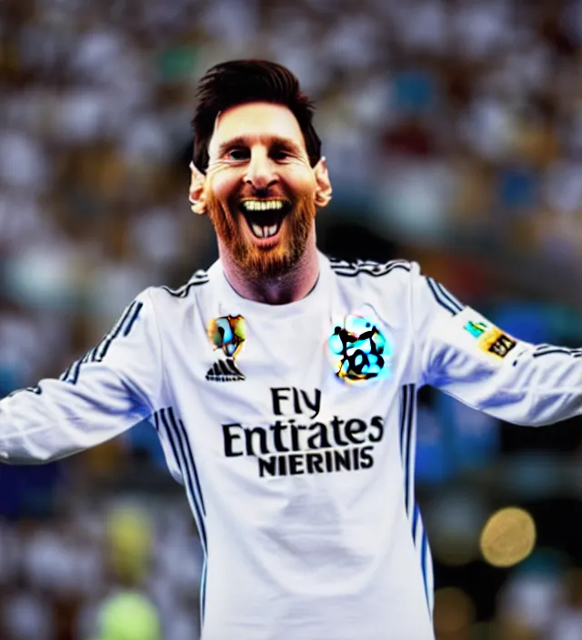 an extremely happy lionel messi using real madrid | Stable Diffusion ...
