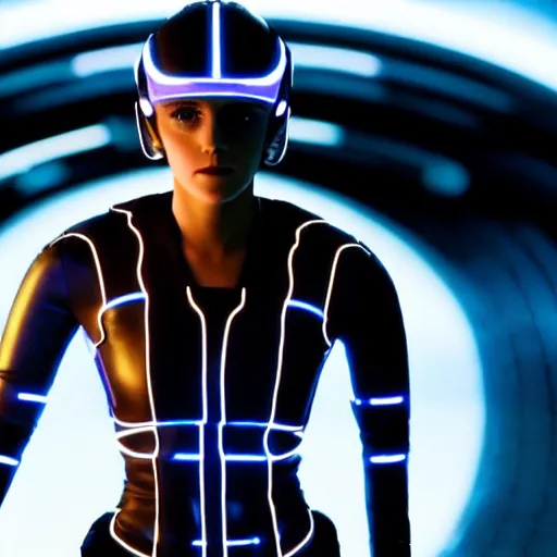 Image similar to photo of emma watson in tron : legacy ( 2 0 1 0 ), full body shot, sharp focus, award - winning