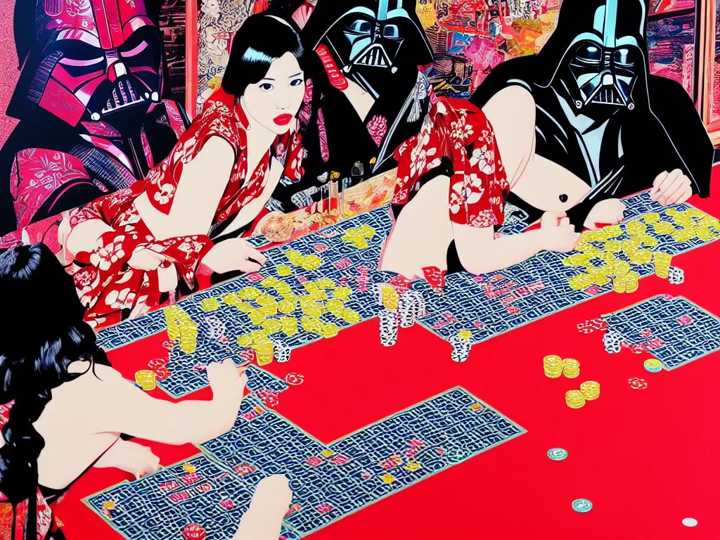 Image similar to hyperrealism composition of the detailed woman in a japanese kimono sitting at an extremely detailed poker table with darth vader, fireworks on the background, pop - art style, jacky tsai style, andy warhol style, acrylic on canvas