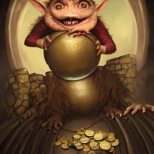 Image similar to goblin from gringotts counting gold by tom bagshaw and tad nasmith