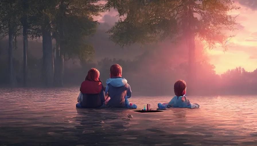 Image similar to kids sitting on the ground watching sunset on the lake, german forest, friends, hyperdetailed, artstation, cgsociety, 8 k
