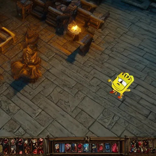 Image similar to a videogame still of Spongebob in Diablo III, portrait, 40mm lens, shallow depth of field, split lighting, cinematic