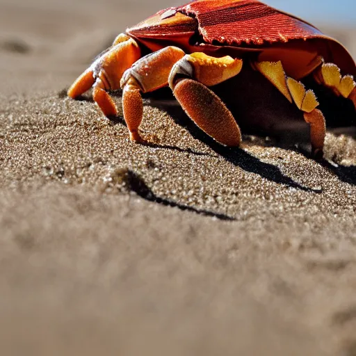 Image similar to An extreme close up of a large hermit crab in the sand, high DOF, National Geographic, F 1.8, Kodak Portra