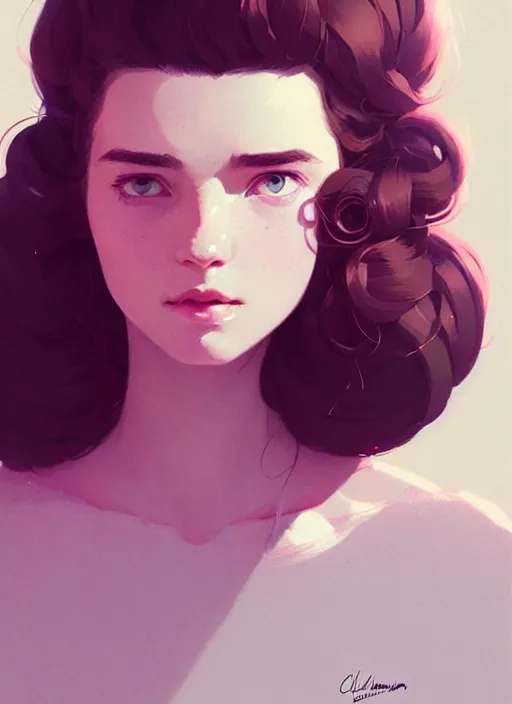 Image similar to highly detailed portrait of clairelynnd, photographic realistic background, ringlet hair by atey ghailan, by greg rutkowski, by greg tocchini, by james gilleard, by joe fenton, by kaethe butcher, gradient pink, black, cream and white color scheme, trending in instagram, award winning details