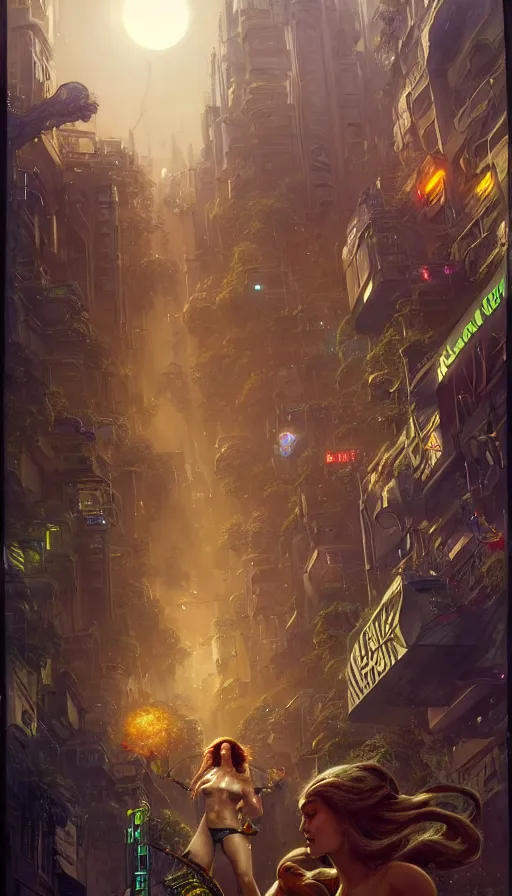 Image similar to hyper realistic aliens battling a golden goddess in a cyberpunk city, crowded market street overtaken by lush plants, kittens, full moon, light rays, gnarly trees by tom bagshaw, mucha, gaston bussiere, craig mullins, j. c. leyendecker 8 k