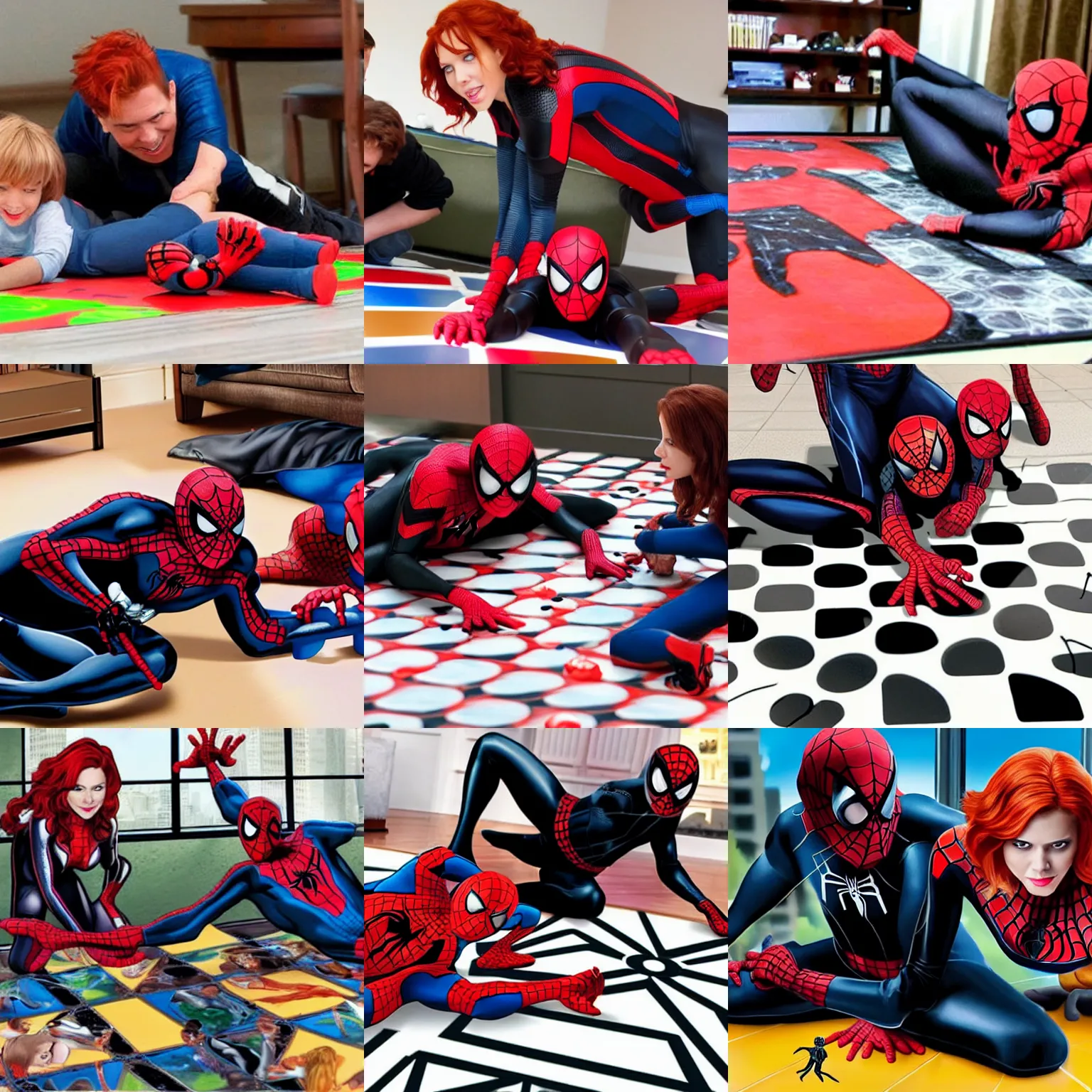 Prompt: black widow and spiderman playing twister