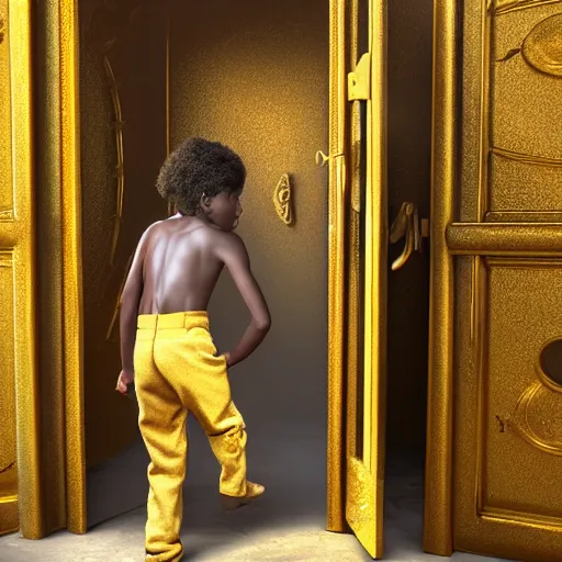 Image similar to an 8 k resolution matte painting of an african boy entering a magical, golden, very ornate door that leads to futuristic heaven, by michael whelan with cinematic, volumetric lighting