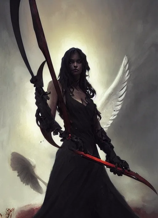 Image similar to a portrait of a beautiful angel of death holding a large scythe by marco bucci and greg rutkowski and frank frazetta, sharp focus, detailed, cinematic, closeup