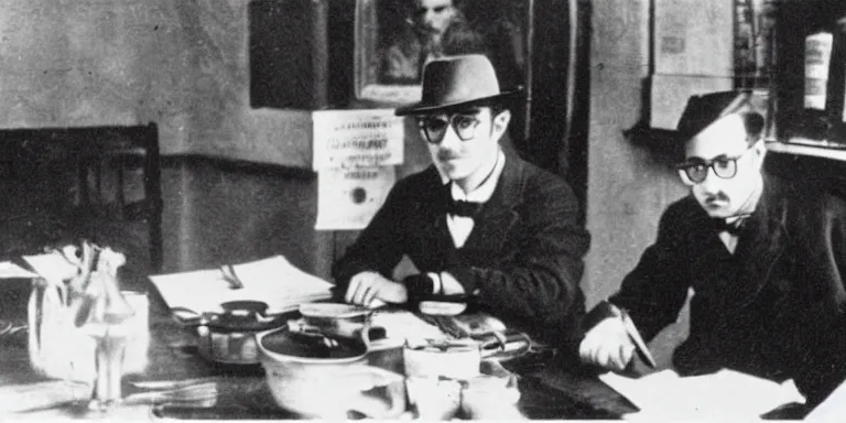 Image similar to an old black and white portrait photo of Fernando Pessoa at a table inside a cafe composing an astrological chart