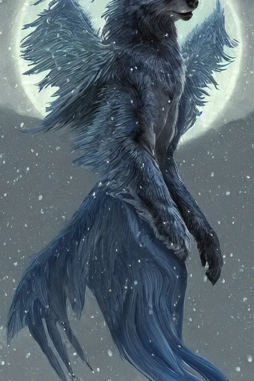 Prompt: blue wolf with wings, standing facing front, regal, elegant, winter, snow, moonlit, hd, illustration, epic, d & d, fantasy, intricate, elegant, highly detailed, digital painting, artstation, concept art, smooth, sharp focus, illustration, wallpaper, art by artgerm and greg rutkowski and alphonse mucha and jin xiaodi