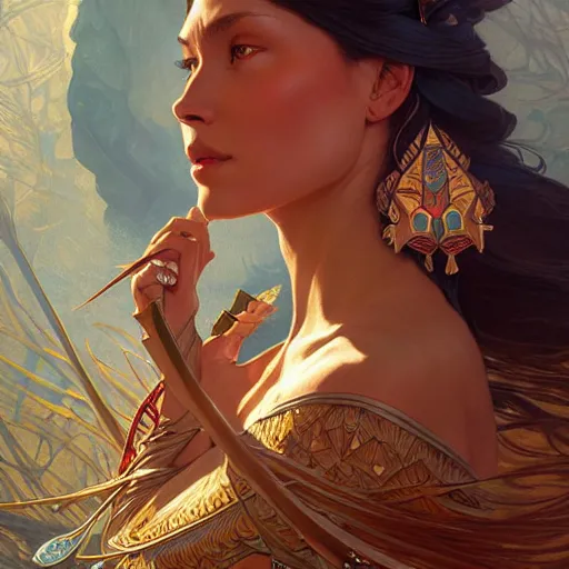 Prompt: Pocahontas, D&D, fantasy, intricate, elegant, highly detailed, digital painting, artstation, concept art, matte, sharp focus, illustration, art by Artgerm and Greg Rutkowski and Alphonse Mucha