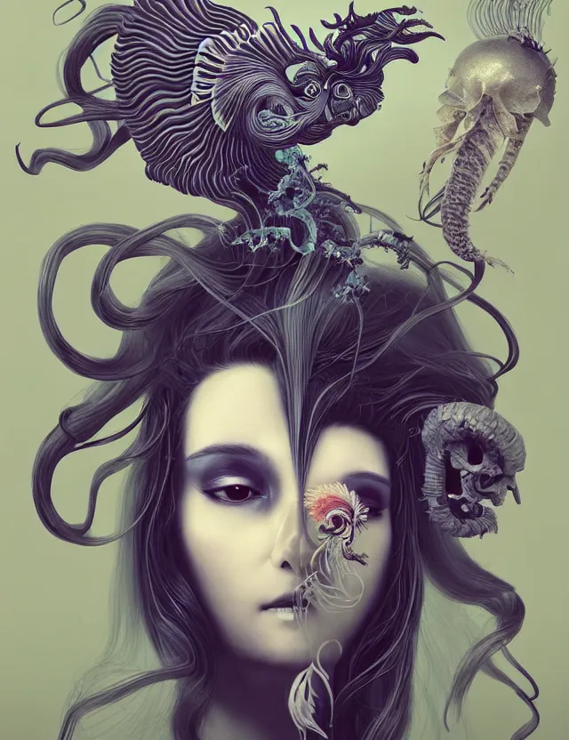 Image similar to 3 d goddess half - turn portrait with long hair with ram skull. beautiful intricately detailed japanese crow kitsune mask and clasical japanese kimono. betta fish, jellyfish phoenix, bio luminescent, plasma, ice, water, wind, creature, artwork by tooth wu and wlop and beeple and greg rutkowski