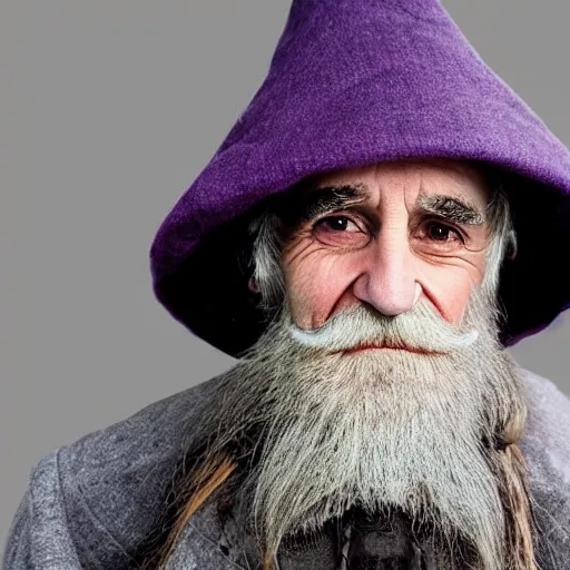Image similar to emma watson as an old druid wizard, bushy grey eyebrows, long grey beard, disheveled, wise old man, wearing a grey wizard hat, wearing a purple detailed coat, a bushy grey beard, sorcerer, he is a mad old man, laughing and yelling