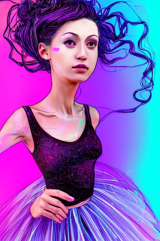 Prompt: a award winning half body portrait of a beautiful ballerina in a crop top and tutu with ombre purple pink teal hairstyle and hands in pockets by ari liloan, surrounded by whirling illuminated lines, outrun, vaporware, shaded flat illustration, digital art, trending on artstation, highly detailed, fine detail, intricate