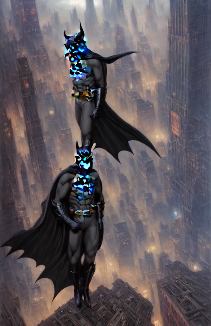 Prompt: batman standing over gotham city by karol bak, james jean, tom bagshaw, rococo, sharp focus, trending on artstation, cinematic lighting, hyper realism, octane render, 8 k, hyper detailed, vivid, ultra detailed, highly detailed