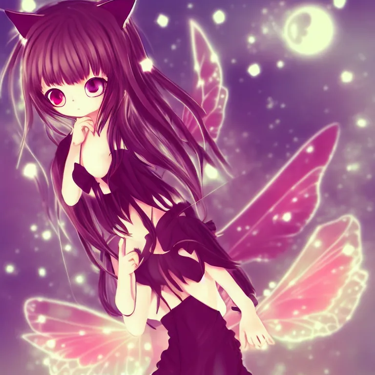 Image similar to cute, full body, female, anime style, a cat girl with fairy wings, large eyes, beautiful lighting, sharp focus, simple background, creative, heart effects, filters applied, illustration