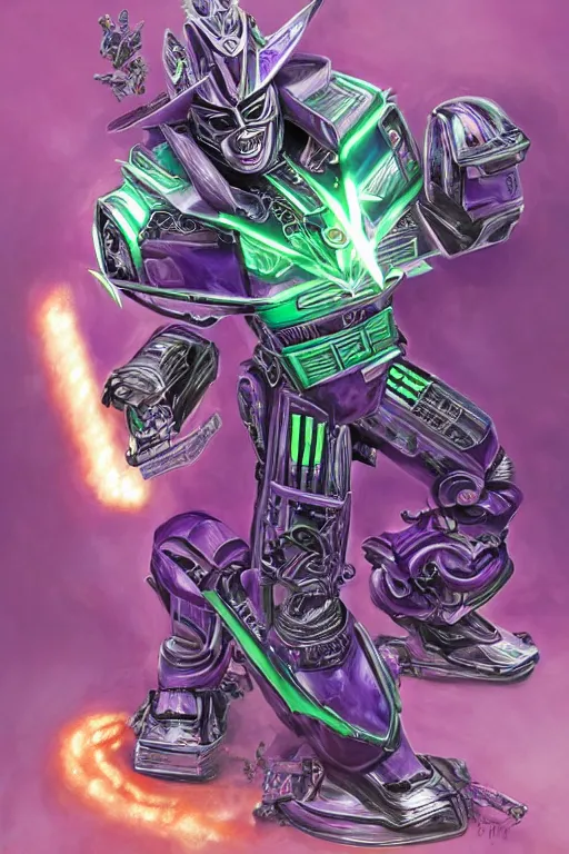 Image similar to portrait of cowboy johnny cash as purple green optimus prime power ranger from transformers riding on guitar zord ufo hoverboard, intricate, highly detailed, smooth, artstation, digital illustration by Lisa Frank and Ruan Jia and Mandy Jurgens and Artgerm and Wayne Barlowe and Greg Rutkowski and Zdislav Beksinski