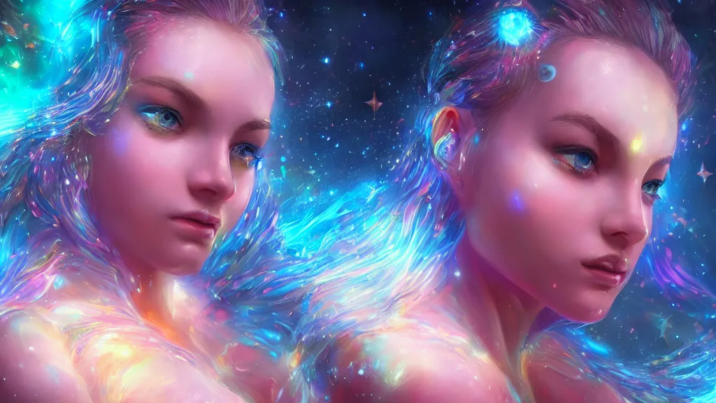 Image similar to highly detailed close up portrait of a celestial girl with a body made of cosmic energy, character art, studio lightning, bright colors, intricate, masterpiece, photorealistic, hiperrealistic, sharp focus, high contrast, Artstation HQ, DeviantArt trending, 4k UHD, Unreal Engine 5