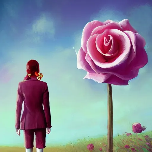 Image similar to portrait, giant rose flower head, girl walking in a suit, surreal photography, sunrise, blue sky, dramatic light, impressionist painting, digital painting, artstation, simon stalenhag