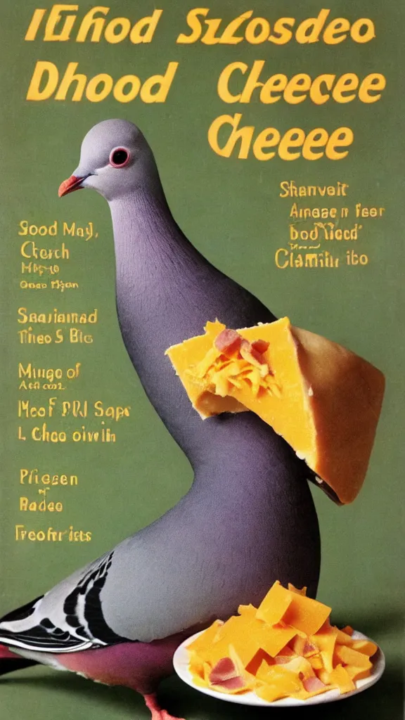 Image similar to 1 9 6 0 s food magazine photo of a pigeon made out of cheddar cheese and ham, soft focus