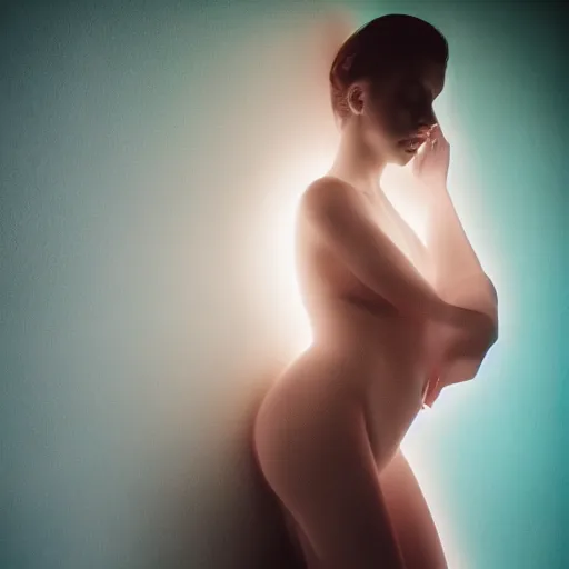 Image similar to beautiful female body silhouette, beautiful portrait, photography by amy leibowitz and filip fedorov, urban city photography, close up portrait, cinematic still, film still, magic hour, dark mood, cold colors, sony, kodak, long exposure, art noveau painting, liquid marble fluid painting, neon glow