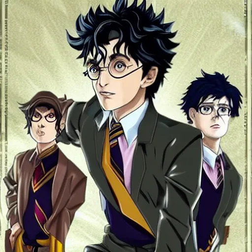 Prompt: Harry Potter as a Jotaro Kujo in JoJo\'s bizarre adventure, epic composition, movie poster, character poster