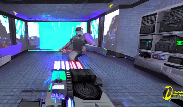 Image similar to ltj bukem npc in perfect dark giving you dj training, 9 0 s first person shooter, low poly, gameplay screenshot