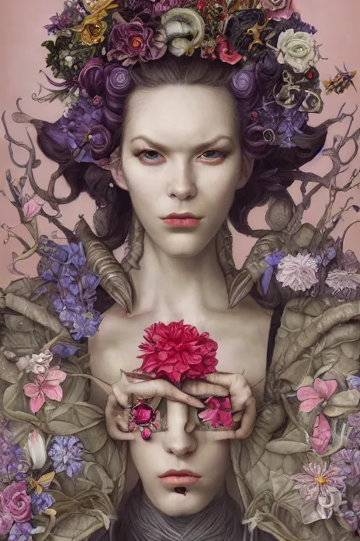 Prompt: a portrait photograph of a tiefling with a scaled skin transforming into a flower wearing a harajuku fashion and a tactical suit. by tom bagshaw, donato giancola, hans holbein, walton ford, gaston bussiere, brian froud, peter mohrbacher and magali villeneuve. 8 k, hyperrealism, fashion editorial.