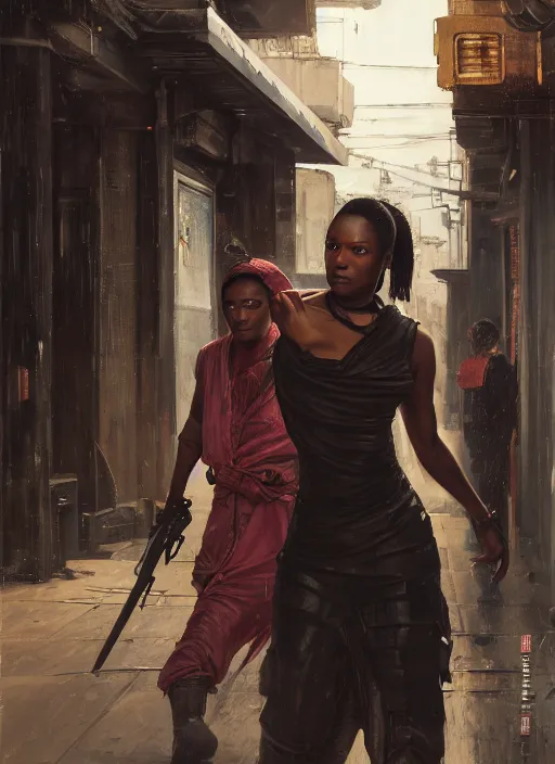 Prompt: Maria Igwe. female Cyberpunk samurai assaulting drug den (blade runner 2049, cyberpunk 2077). Orientalist portrait by john william waterhouse and James Gurney and Theodore Ralli and Nasreddine Dinet, oil on canvas. Cinematic, hyper realism, realistic proportions, dramatic lighting, high detail 4k