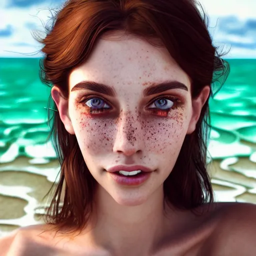 Image similar to portrait of a cute thin young woman, bronze brown hair, eye color is emerald green, red blush, cute freckles, smug smile, modern clothes, relaxing on the beach, golden hour, close up shot, 8 k, art by irakli nadar, hyperrealism, hyperdetailed, ultra realistic