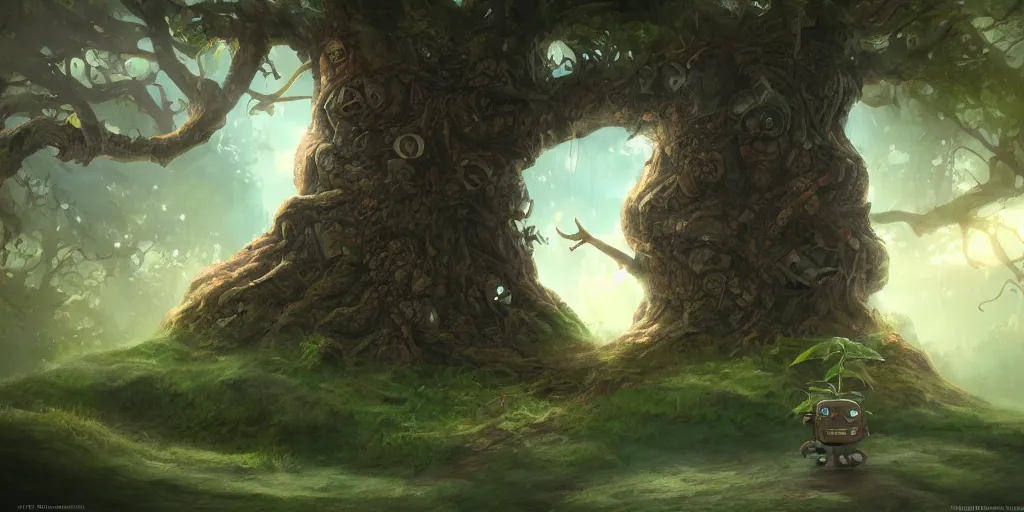 Image similar to A funny big tree, tuomas korpi, morning, fantasy, cute robot, matte painting, artstation