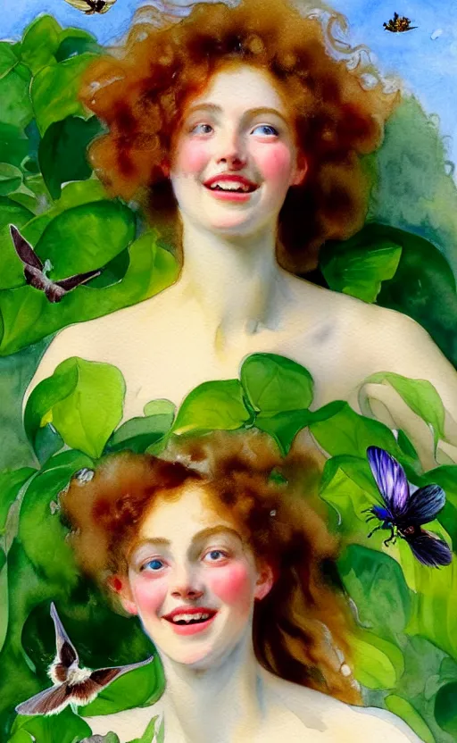 Image similar to the face of a young woman with marble complexion, angelic features, dancing curls around her face, her head raised in rapture, laughing, symmetrical eyes, watercolor by john singer sargent, background lush vegetation, insects and birds, 8 k uhd