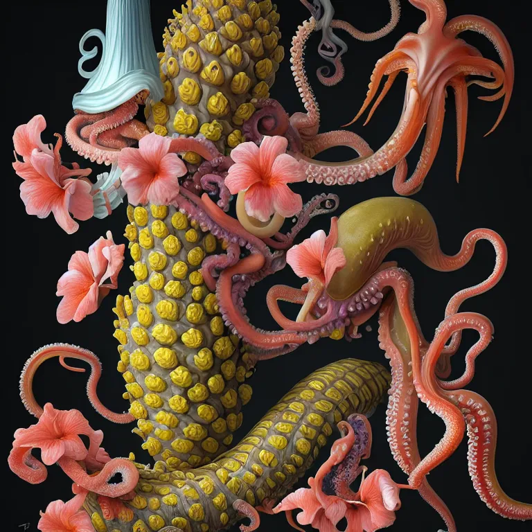 Prompt: still life of tropical flowers, alien squid, octopus, pastel tropical flowers, surreal alien ribbed tropical fruit, white human spine, baroque painting, beautiful detailed intricate insanely detailed octane render, 8K artistic photography, photorealistic, chiaroscuro, Raphael, Caravaggio