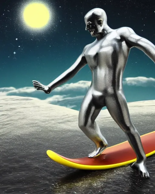 Image similar to a man made of silver surfing the cosmos