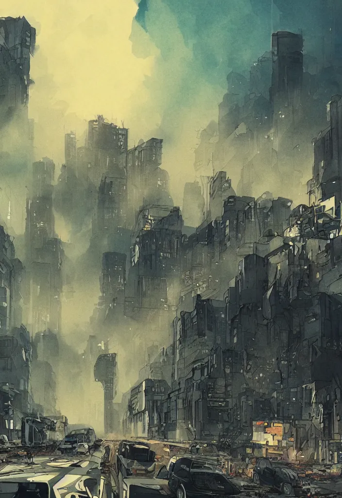 Image similar to crying humans, scared humans, panic, scene with a few (((zombies))) walking, destroyed city at the background, some smoke and fire, blue sky with dramatic clouds, line art, ink, watercolor by Kilian Eng and by Jake Parker, heavy brushstrokes, winning-award masterpiece, fantastic, octane render, 8K HD Resolution, High quality image