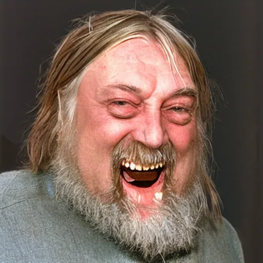 Prompt: laughing robert wyatt with mouth wide open pointing a gun directly at the camera