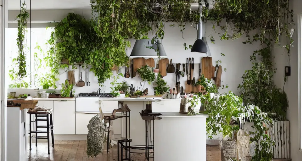 Image similar to IKEA catalogue photo, high end farm house style kitchen, sand piled in corners, dust, organic, vines, overgrown, tropical, by Dali