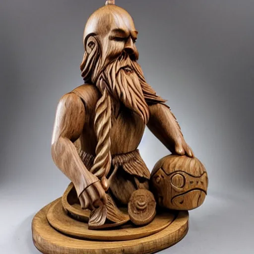 Prompt: wooden sculpture of a bearded viking fighting cthulhu, polished maple, thoughtful, elegant, real