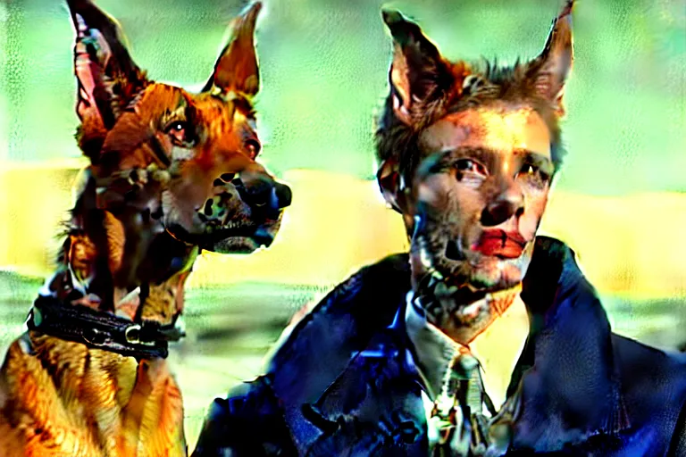 Image similar to realistic detailed closeup portrait movie shot of an elegant blond male vampire with a doberman on a leash, sci fi landscape background by denis villeneuve, amano, yves tanguy, alphonse mucha, max ernst, edward robert hughes, roger dean, rich moody colours, dog teeth, blue eyes