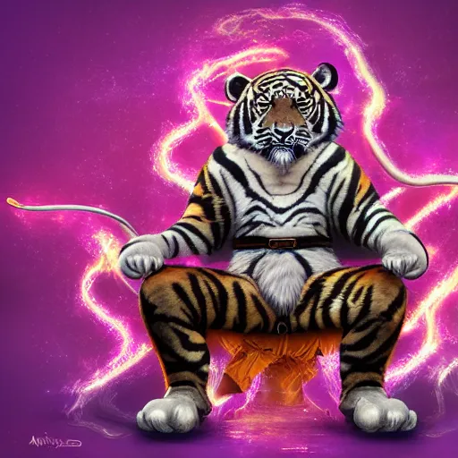 Prompt: a wizard is sitting on a chair as a tiger , dynamic pose, chromatic aberration , medium level shot, fantasy, illustration, concept art,